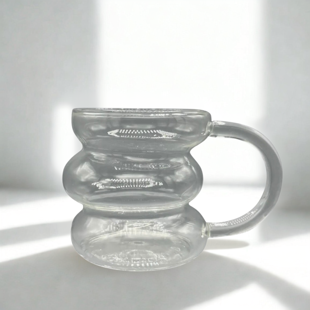 Designer-Glastasse mit Henkel für Heiss und Kaltgetränke 450ml